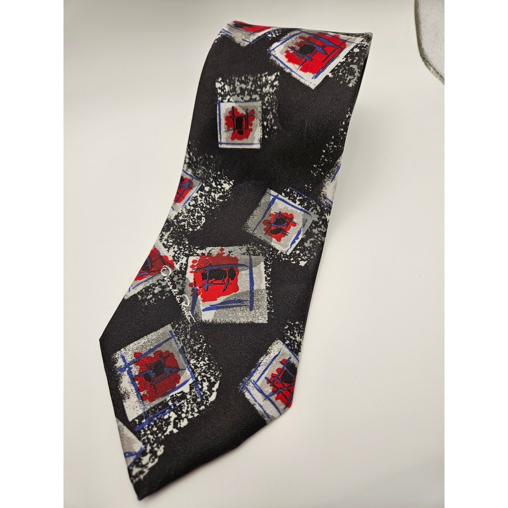 Oscar‎ de la Renta Studio Mens Geometric Abstract Silk Blend Tie Black Red Blue